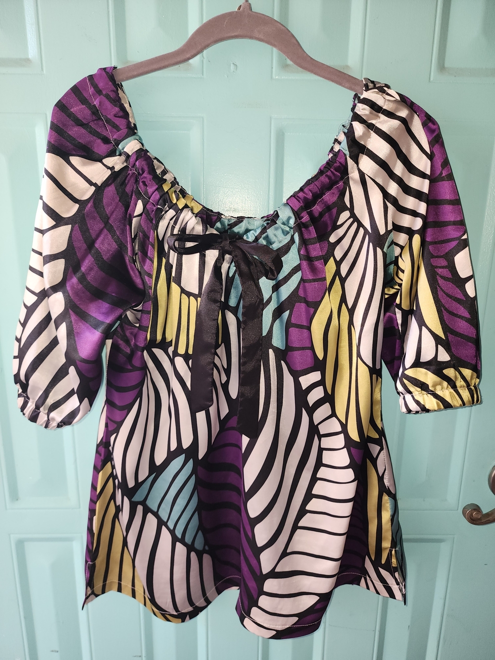 Joy Joy Purple Multi-Color Peasant Top with Tie